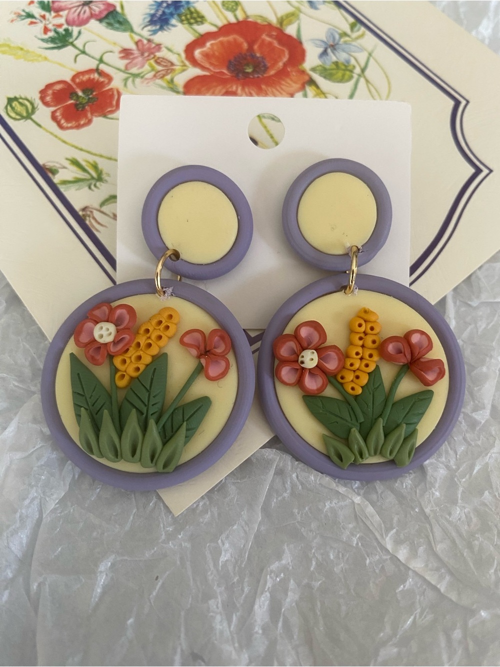 Handcrafted Floral Polymer Clay Dangle Earrings in Lavender and Cream